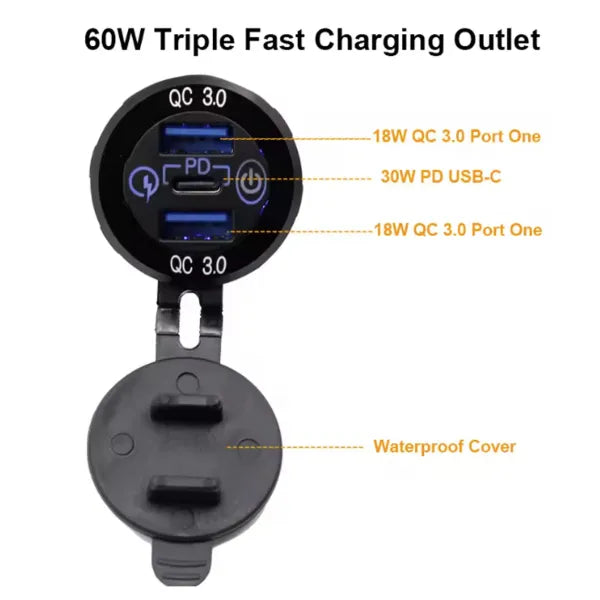 12V 24V 60W Fast Charging Triple Aluminum USB Socket with Switch